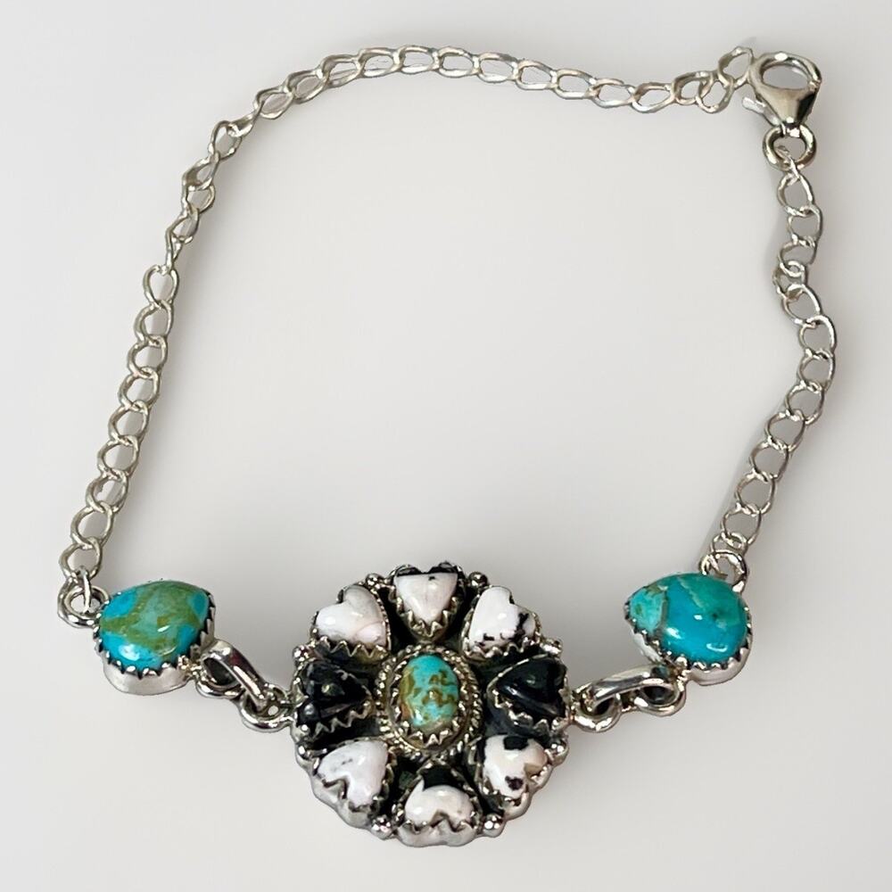 Kingman Turquoise White Buffalo Cabochon Heart Sterling Silver Cluster Bracelet